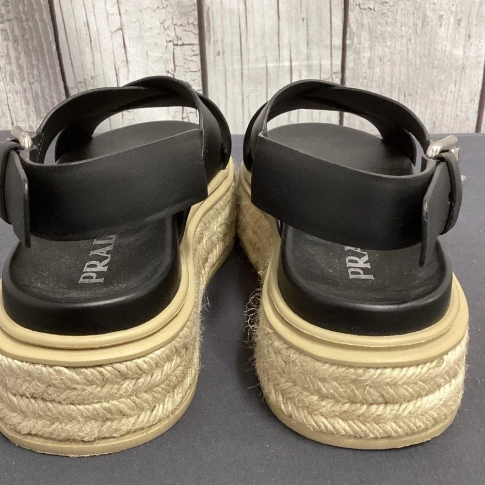 Prada Women's Black Crisscross platform Espadrille Sandals Shoes size 36.5